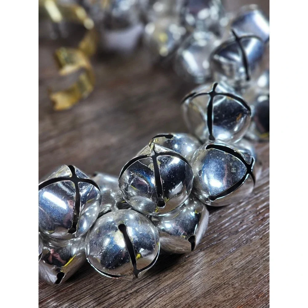 Vintage Silver Jingle Bell Wreath Gold Bow Christmas Door Decor